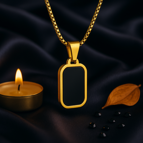 Modern Gold Tag Necklace with Black Enamel (Unisex)