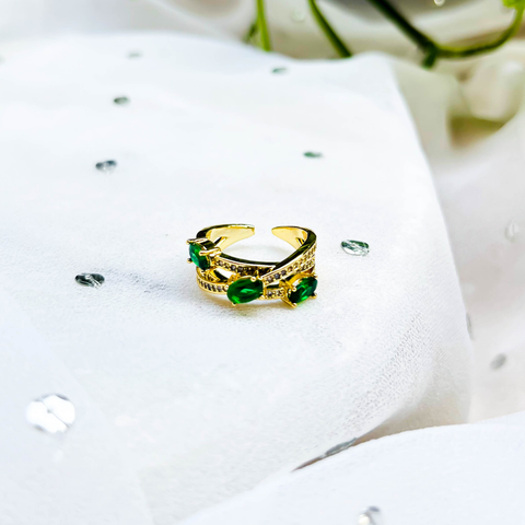 Emerald Whisper Ring – Adjustable Gold-Plated Band with Green Gemstone Detailing