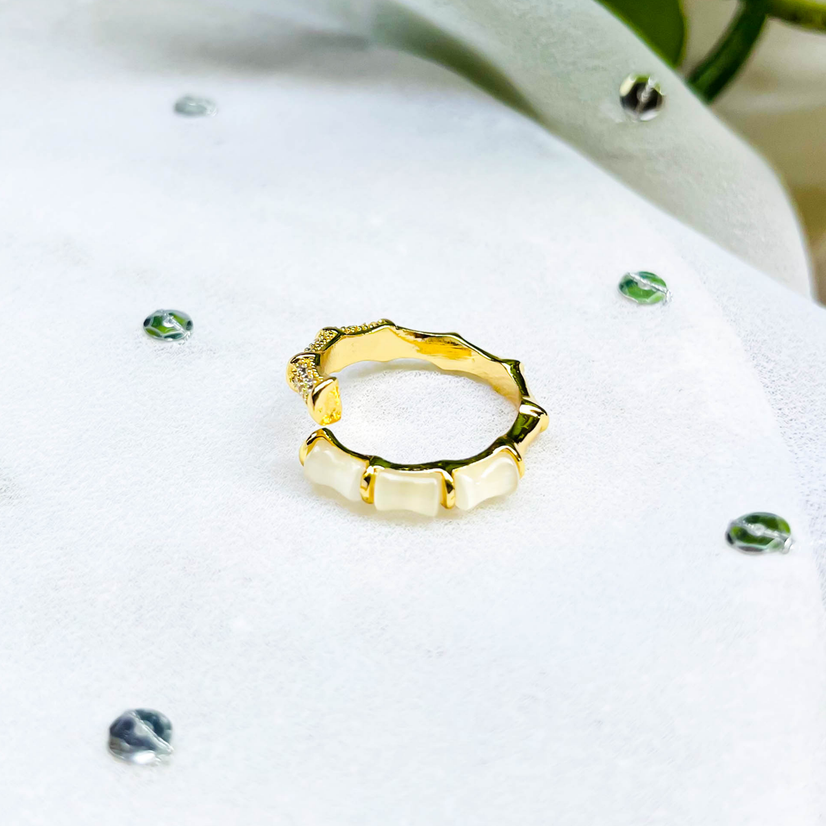 Minimal Snake Charm Ring – White Enamel Segments & Gold Bamboo-Inspired Base