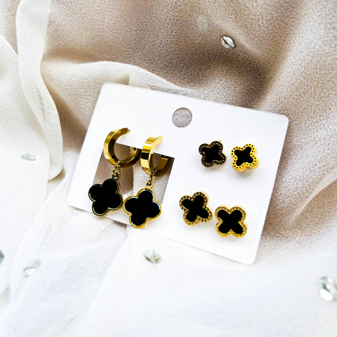 Minimal Van Cleef Earring Set – 2 Van Cleef Style Studs & 1 Hanging Hoop Earrings (Combo Pack)