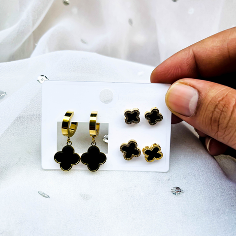 Minimal Van Cleef Earring Set – 2 Van Cleef Style Studs & 1 Hanging Hoop Earrings (Combo Pack)