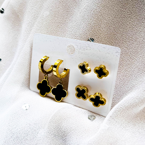 Minimal Van Cleef Earring Set – 2 Van Cleef Style Studs & 1 Hanging Hoop Earrings (Combo Pack)
