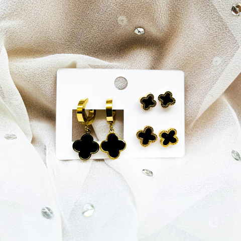 Minimal Van Cleef Earring Set – 2 Van Cleef Style Studs & 1 Hanging Hoop Earrings (Combo Pack)