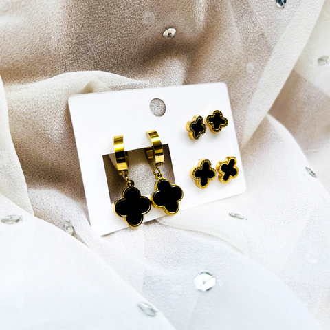 Minimal Van Cleef Earring Set – 2 Van Cleef Style Studs & 1 Hanging Hoop Earrings (Combo Pack)