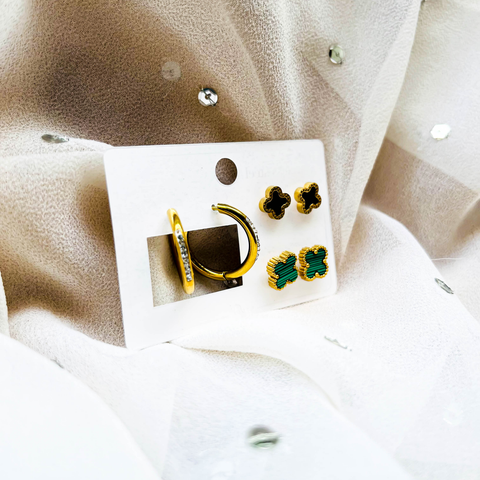 Minimal Van Cleef Earring Set – 2 Van Cleef Style Studs (Black & Green) & 1 Hanging Hoop Earrings (Combo Pack)