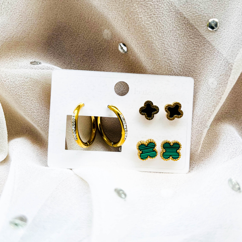 Minimal Van Cleef Earring Set – 2 Van Cleef Style Studs (Black & Green) & 1 Hanging Hoop Earrings (Combo Pack)
