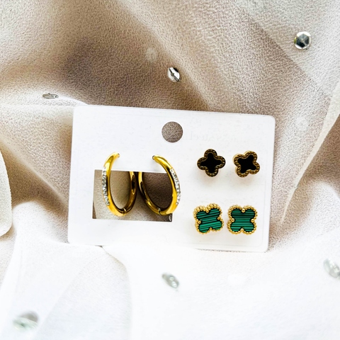 Minimal Van Cleef Earring Set – 2 Van Cleef Style Studs (Black & Green) & 1 Hanging Hoop Earrings (Combo Pack)