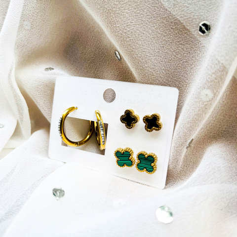 Minimal Van Cleef Earring Set – 2 Van Cleef Style Studs (Black & Green) & 1 Hanging Hoop Earrings (Combo Pack)