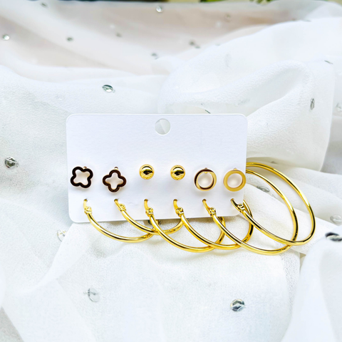 Minimal Gold Earring Combo – 3 Studs & 3 Hoop Earrings (Combo Pack)