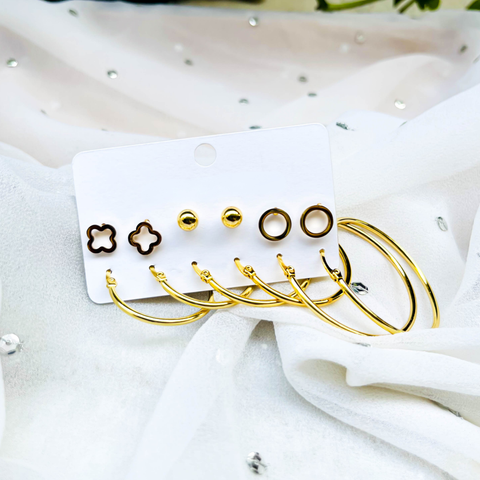 Minimal Gold Earring Combo – 3 Studs & 3 Hoop Earrings (Combo Pack)