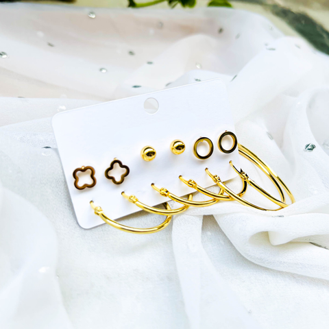 Minimal Gold Earring Combo – 3 Studs & 3 Hoop Earrings (Combo Pack)