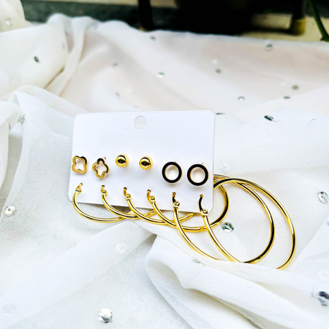 Minimal Gold Earring Combo – 3 Studs & 3 Hoop Earrings (Combo Pack)