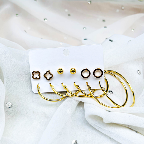 Minimal Gold Earring Combo – 3 Studs & 3 Hoop Earrings (Combo Pack)