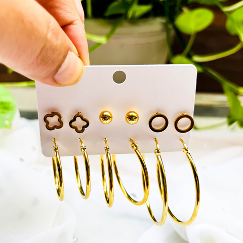 Minimal Gold Earring Combo – 3 Studs & 3 Hoop Earrings (Combo Pack)