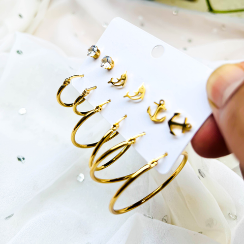 Ocean Charm Gold Earring Set – 3 Nautical Studs & 3 Hoop Earrings (Combo Pack)