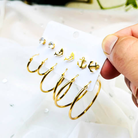 Ocean Charm Gold Earring Set – 3 Nautical Studs & 3 Hoop Earrings (Combo Pack)