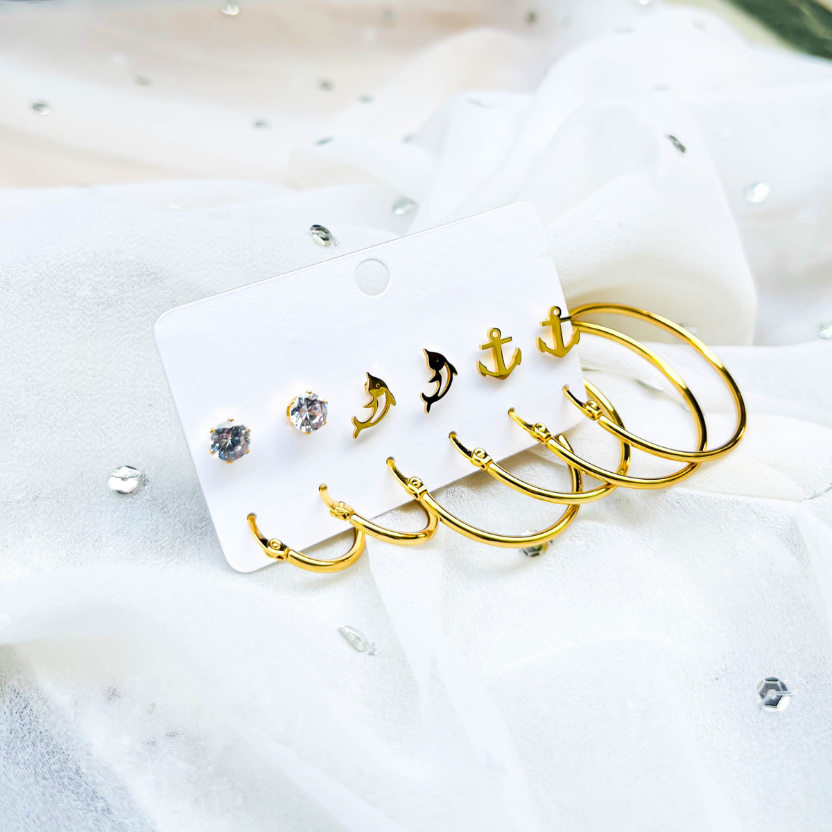 Ocean Charm Gold Earring Set – 3 Nautical Studs & 3 Hoop Earrings (Combo Pack)