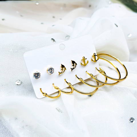 Ocean Charm Gold Earring Set – 3 Nautical Studs & 3 Hoop Earrings (Combo Pack)