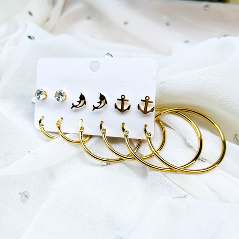 Ocean Charm Gold Earring Set – 3 Nautical Studs & 3 Hoop Earrings (Combo Pack)