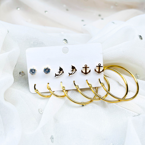 Ocean Charm Gold Earring Set – 3 Nautical Studs & 3 Hoop Earrings (Combo Pack)