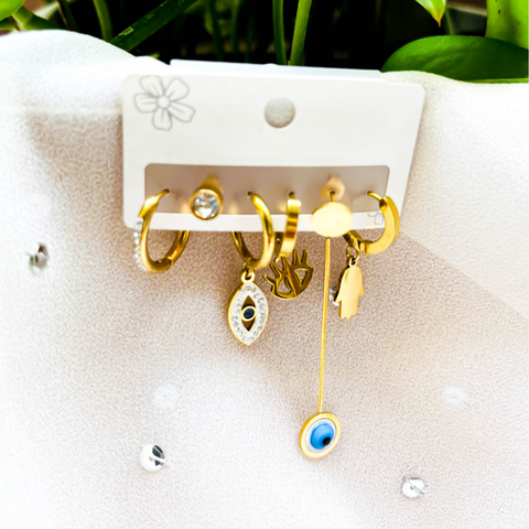 Aura Guard Earring Set – 1 Crystal Hoop, 1 Stud, 2 Eye Charm Hoops, 1 Evil Eye Drop & 1 Ghost Hoop (Combo Pack)