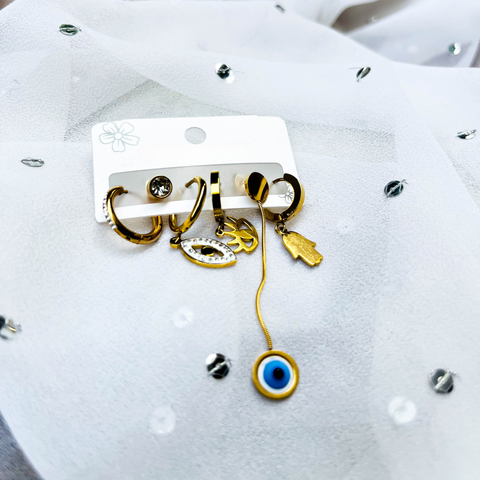 Aura Guard Earring Set – 1 Crystal Hoop, 1 Stud, 2 Eye Charm Hoops, 1 Evil Eye Drop & 1 Ghost Hoop (Combo Pack)