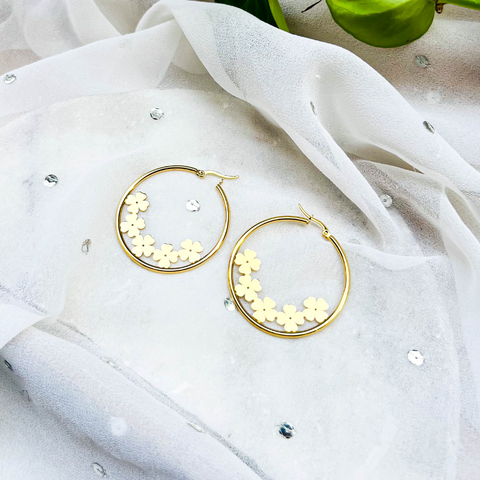 Golden Round Flower Hoop Earrings