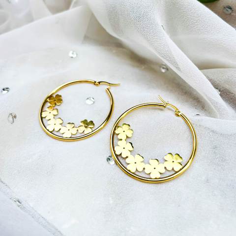 Golden Round Flower Hoop Earrings