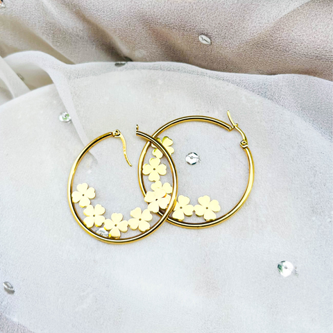 Golden Round Flower Hoop Earrings