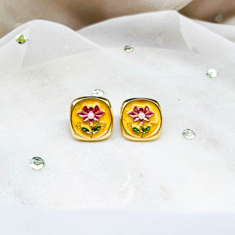 Floral Enamel Gold Stud Earrings