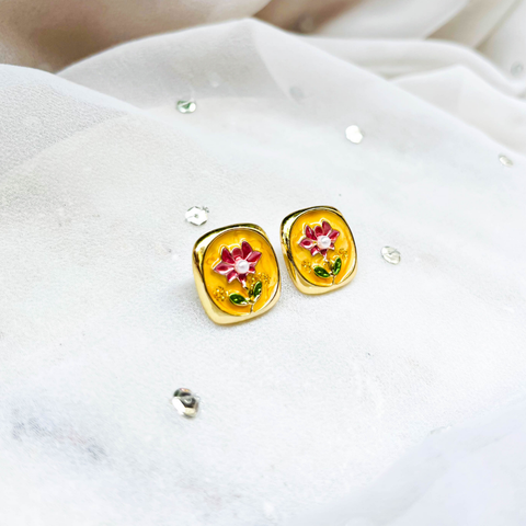 Floral Enamel Gold Stud Earrings