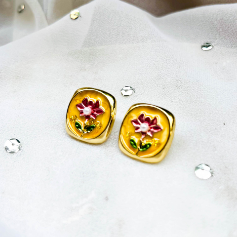 Floral Enamel Gold Stud Earrings