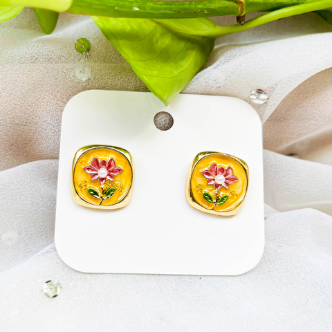 Floral Enamel Gold Stud Earrings