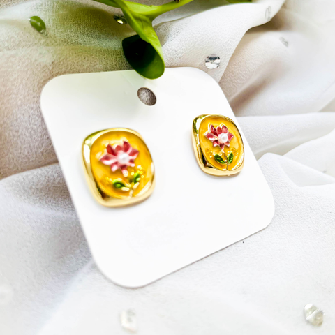 Floral Enamel Gold Stud Earrings