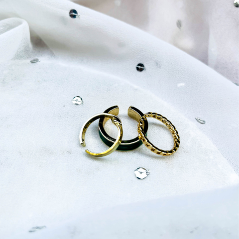 Bold Luxe Ring Set – 1 Green Enamel Ring, 1 Textured Band & 1 Twisted Molten Ring (Combo Pack)