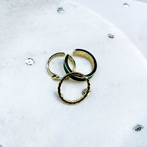 Bold Luxe Ring Set – 1 Green Enamel Ring, 1 Textured Band & 1 Twisted Molten Ring (Combo Pack)